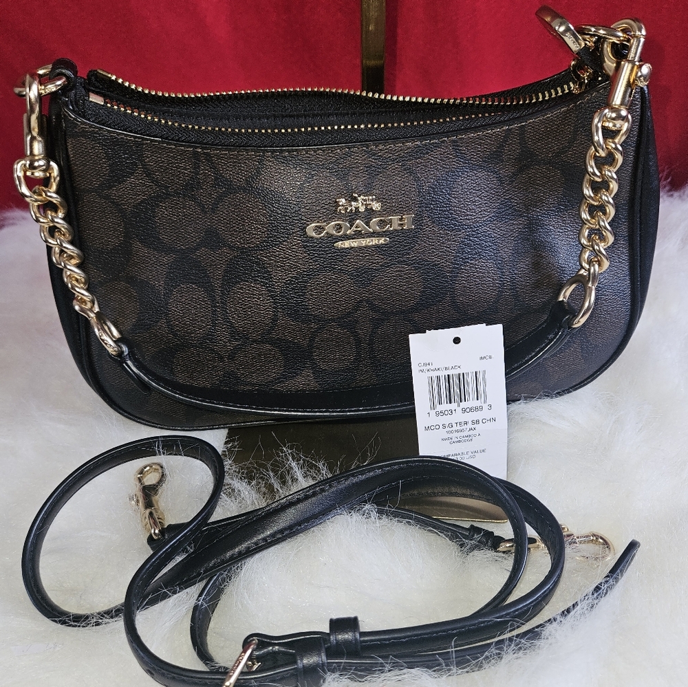 Coach Teri  2 Way Signature  Shoulder Bag with Monogram Pattern Dark Brown